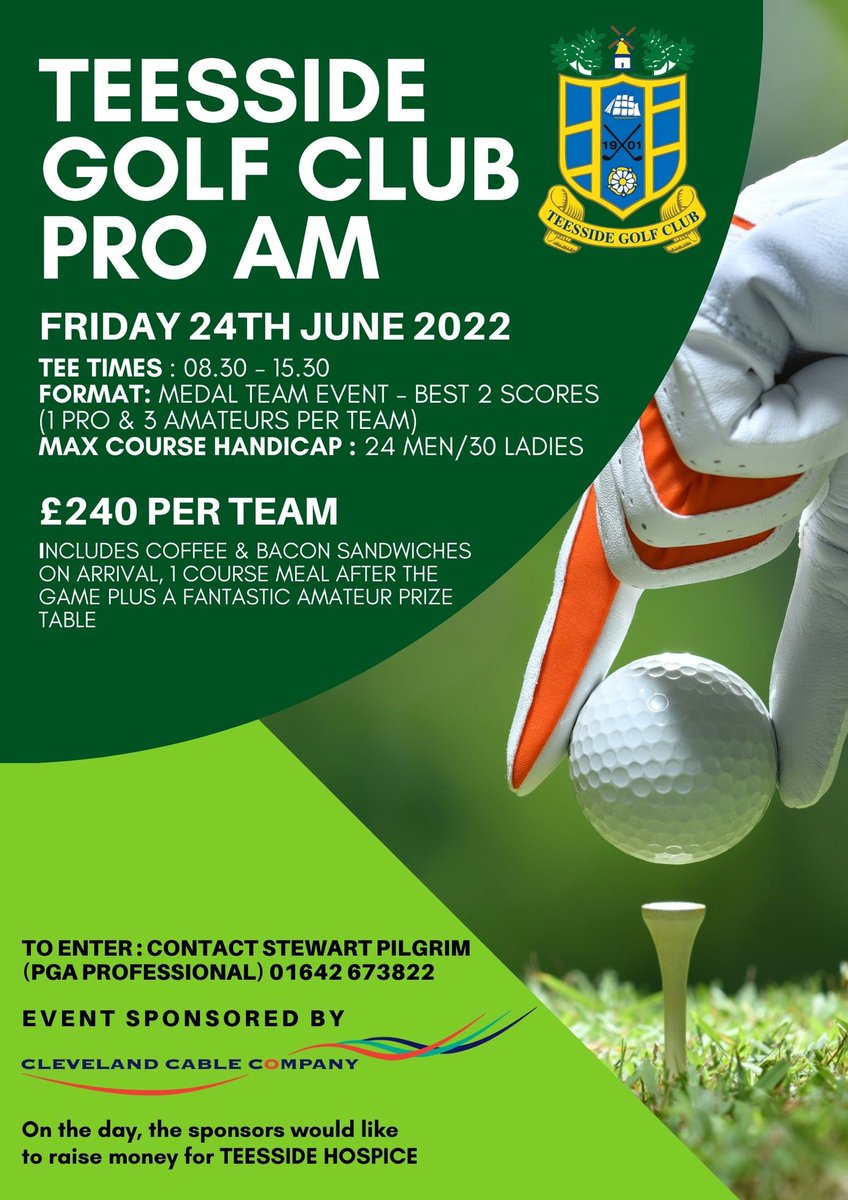 TeessideGC's tweet photo. Now taking team entries for the Teesside GC ProAm sponsored by Cleveland Cable Company Ltd. 

Please contact Stewart to enter on 01642 673822 or teessidegcshop@btconnect.com

@ClevelandCableC @nenwpga https://t.co/9WyPiMGjox