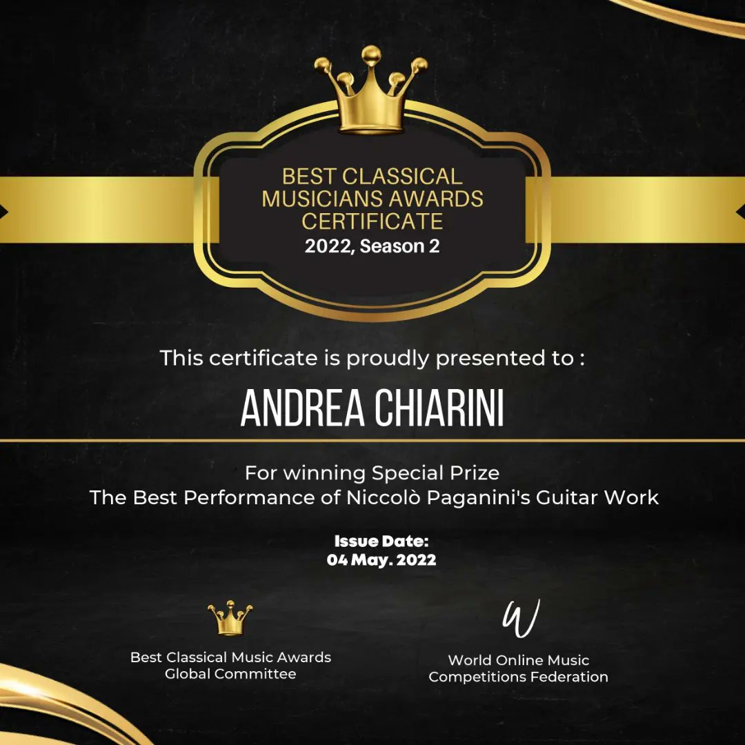 Proud for winning the Gold Award  as the Best Performance of Niccoló Paganini's guitar work. 👁️🌠 bestclassicalmusicians.com/copy-of-results