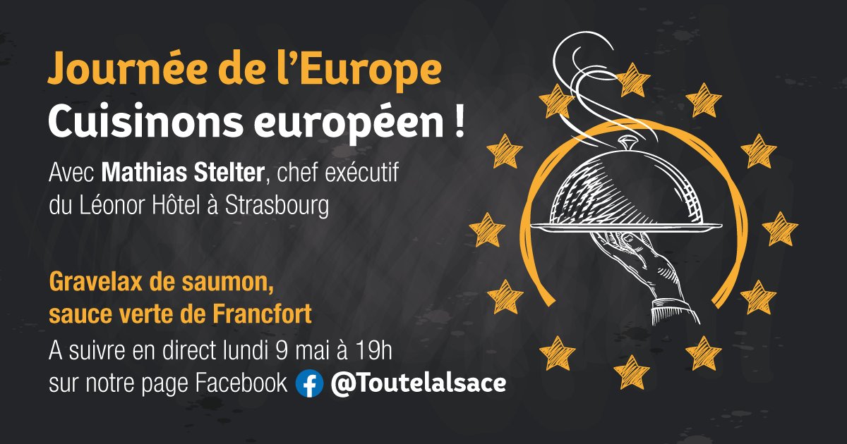 Lundi 9 mai, c'est la fête de l'#Europe ! 🇪🇺 Célébrons ensemble cette journée et cuisinons européen ! 
En direct des cuisines du Léonor Hôtel à #Strasbourg, on vous proposera de préparer un gravelax de saumon, sauce verte de Francfort avec le chef Mathias Stelter 👨‍🍳
