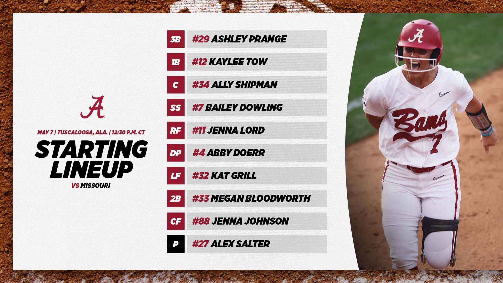 Alabama Softball on Twitter "🆚Missouri 📍Tuscaloosa, Ala. ⌚️1230 p.m