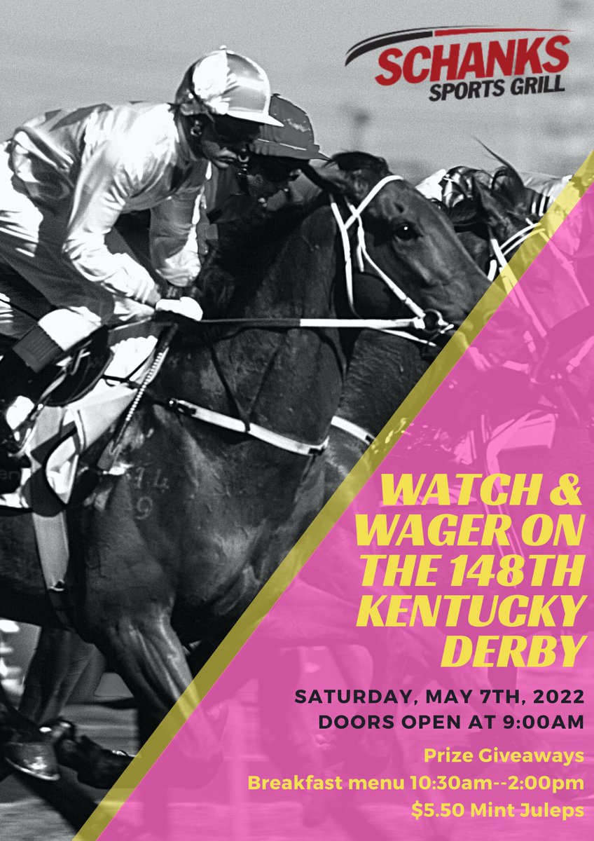 schankscalgary's tweet photo. It’s Derby Day! Watch &amp; Wager on the 148th Kentucky Derby with us at Schanks! Doors are open and breakfast is served!
See you soon Calgary🥳 #Schanks #kentuckyderby #calgaryevents https://t.co/3LaoR0Hpcm