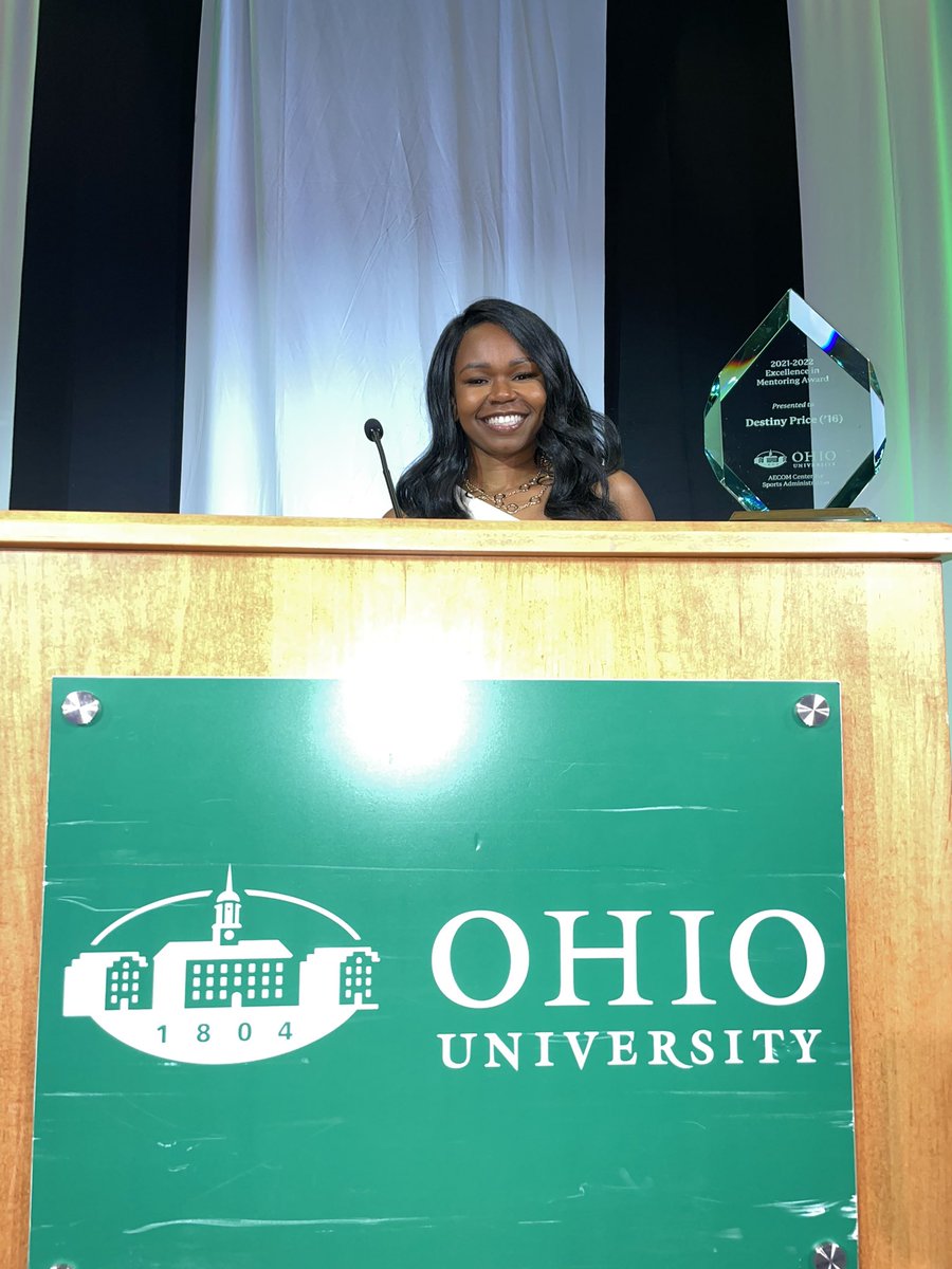 OhioUSportsAd's tweet photo. We are proud to announce our 2022 Excellence in Mentoring Award winner, @RadiantSymone 
Destiny has served as @gdoolz mentor for the last two years and mentors many others in our program! 

#OhioFamily😼
 #SportsAdSymposium50🔰 https://t.co/6V2w9z4M7n