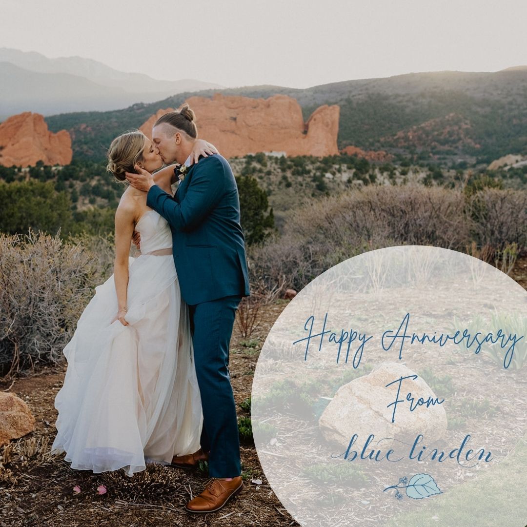 #HappyAnniversary Emily &amp; Dwight!  Last year you were surrounded by friends and family to say #IDo. Today, we celebrate your love and raise a glass to you. 🥂 and 💙 from the Blue Linden Team!
📸 #SimplyLovePhotographyAndDesign
📍#GardenoftheGodsColorado