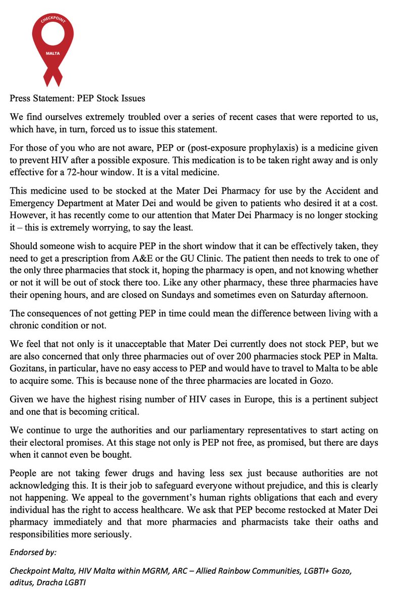mgrm_malta's tweet photo. #PEP is no longer available at Malta’s national hospital. Three private pharmacies stock it. They are not always open on Saturday afternoon and Sunday. Someone whose condom breaks on Friday in #Malta, runs the risk of #HIV since there is nowhere to buy PEP. https://t.co/bL6PQS4Omv