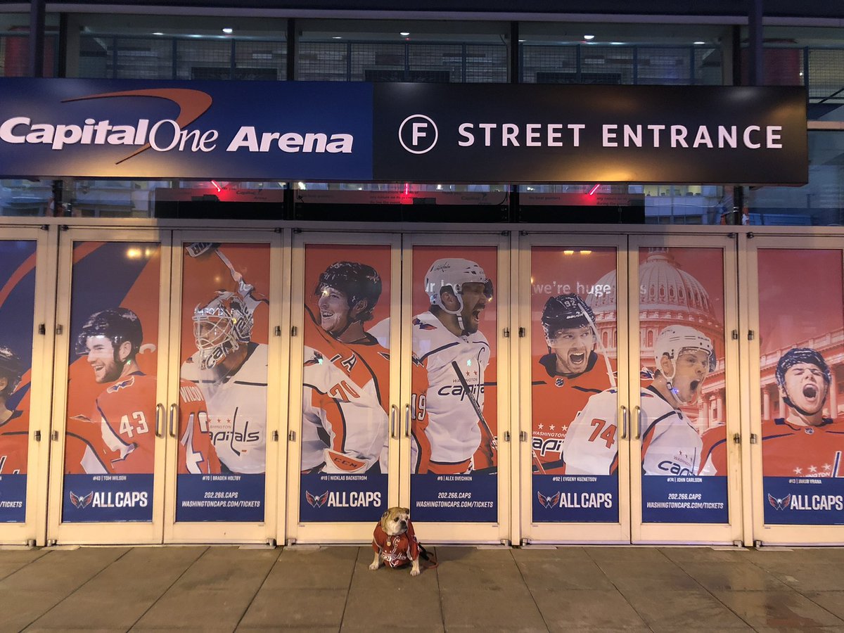 OvietheBulldog's tweet photo. IT’S PLAYOFF HOCKEY O’CLOCK! #ALLCAPS #LETSGOCAPS #ROCKTHERED #COACHSAFFYBEAN is ready! Some pics from 2018 and earlier from outside @CapitalOneArena  including the bromance of @WesJohnsonVoice &amp; Ovie 

.@SaffyBean is hoping for some #VictoryCookies #Game3 https://t.co/4VlfSJ1O5q