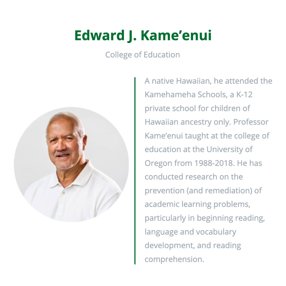 uogradschool's tweet photo. Meet one of our presentation judges: Edward J. Kame'enui. We are thrilled to have him on our judges panel for the 2022 Grad Research Forum!
#UOGrad #UOResearchforum #research #gradstudents #goducks #eugeneoregon #meetthejudges https://t.co/gz6vyzJpO4