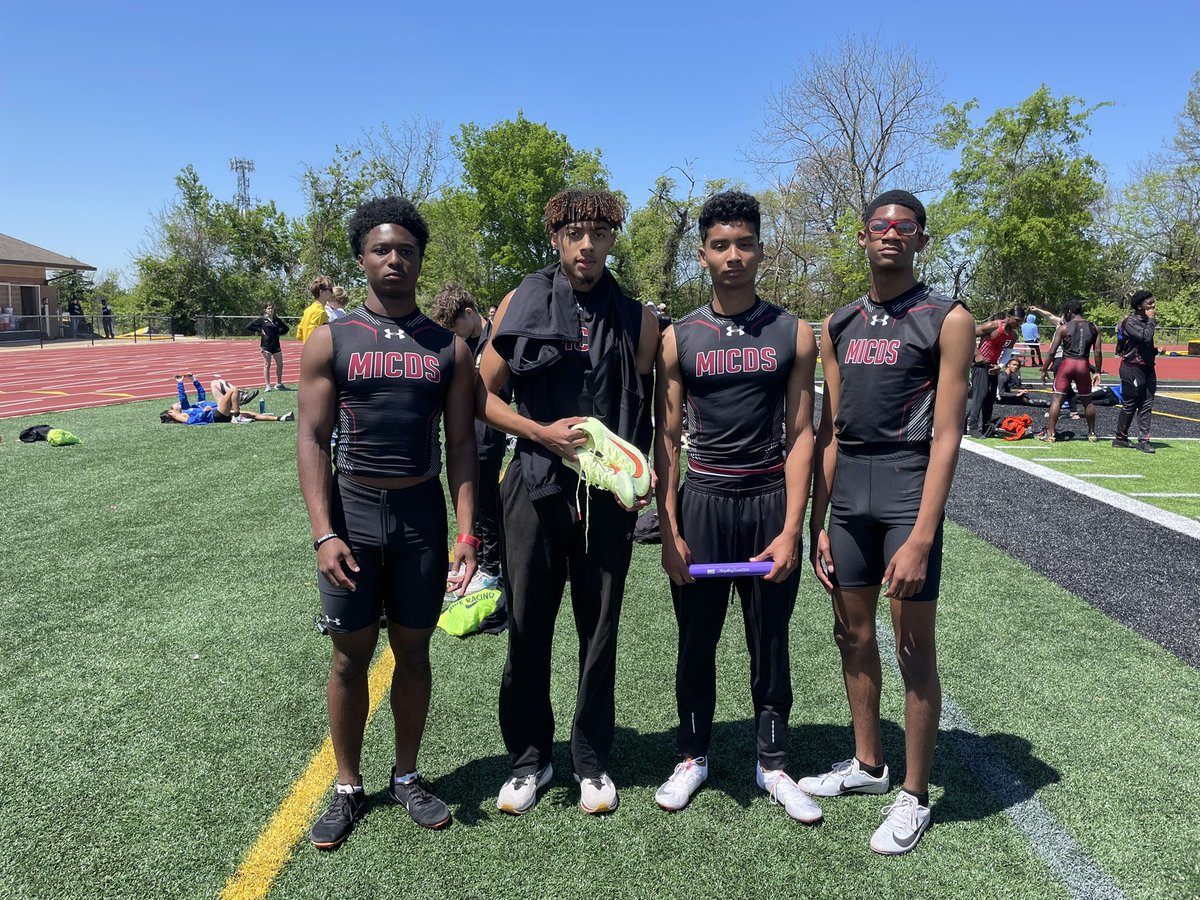 MICDSTrack's tweet photo. Tony Nunn '22, Winston Moore '23, Tristan Williams '24, and Novo Onovwerosuoke '22 broke the school record in the 4x200 Meter Relay with a 1:27.06 which beats the previous record set by the same group of young men eariler this year. https://t.co/Xfw94SZHZg