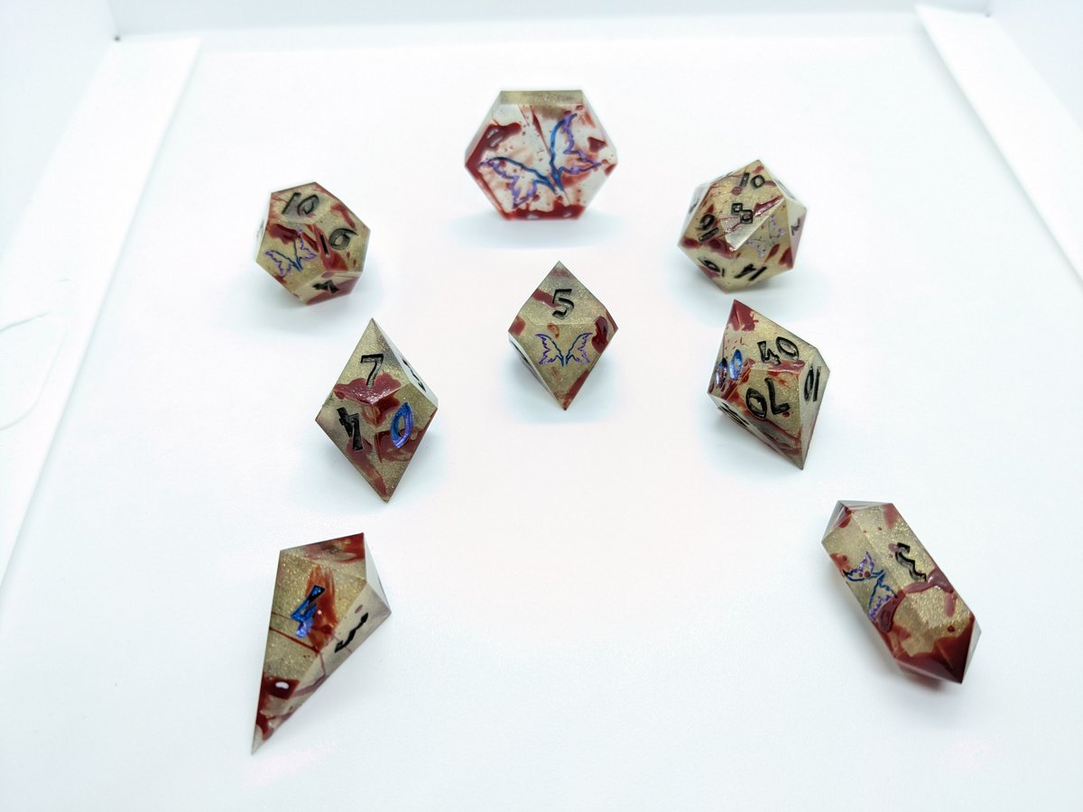 DawnlightDice's tweet photo. Always love splattering blood across a nice set 
"consequence of Crows"

Designed after my Rival Alt Velka

#Dice #HandmadeDice #dnd #ttrpg https://t.co/B42H7dPl8A