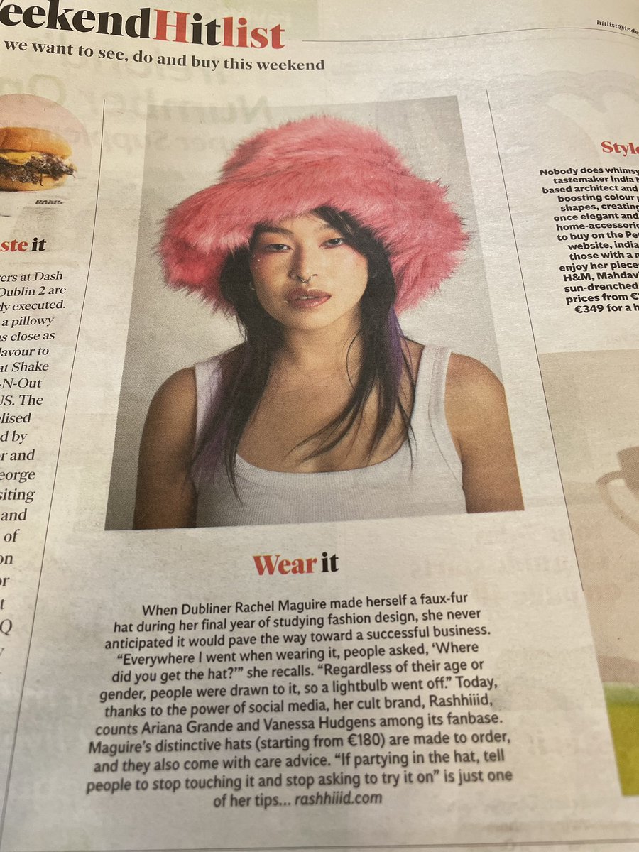 My daughter’s hat design rashhiiid.com in the <a href="/Independent_ie/">Irish Independent</a> weekend. So delighted for her and so goddamn proud 😊<a href="/lucy28maguire/">Lucy Gaffney Maguire</a> <a href="/Sarah_Maguire1/">Sarah Maguire</a> thank you Katie Byrne …..