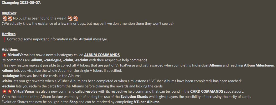 OffVirtualVerse's tweet photo. The eight update of VirtualVerse, the first Online Card-Collecting Game about VTubers, has finally arrived!

This week we added not ONE but TWO major updates!

We introduced VTuber Albums that can be completed by players and the possibility to evolve Cards!

#VirtualVerse #Vtuber https://t.co/w9CsToudls