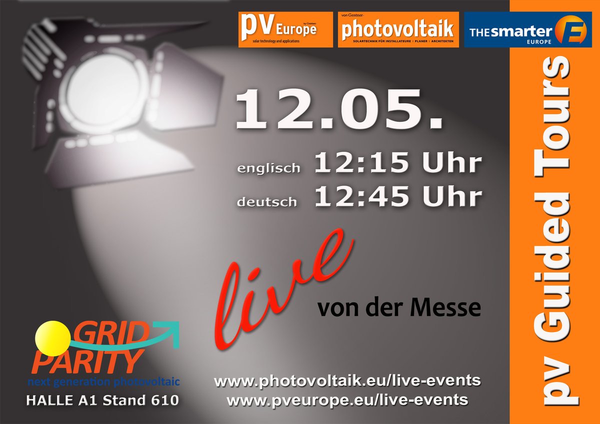 photovoltaik's tweet photo. Die Redaktionen von @photovoltaik und @pv_Europe berichten wieder live von der #TheSmarterE in München. #GridParity zeigt uns dort seine leistungsfähigen #Solarmodule für viele Anwendungen - made in Europe. Unser LIVE-Streaming beginnt um 11 Uhr. https://t.co/0MW0w3n6yi https://t.co/aii7RNRfZp