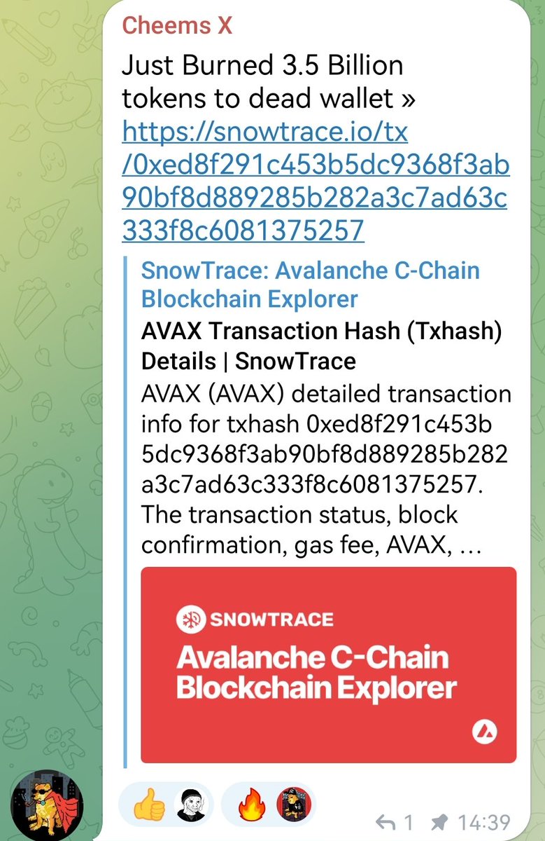 0xMadCrypto's tweet photo. @CheemsXdev, the work paid.
Burn is here!

#Avalanche #AVAX #CheemsX

@dogecoin @ShibInform @ShibArmy @ShibaInuHodler @babydoge https://t.co/rumFQcB3wI