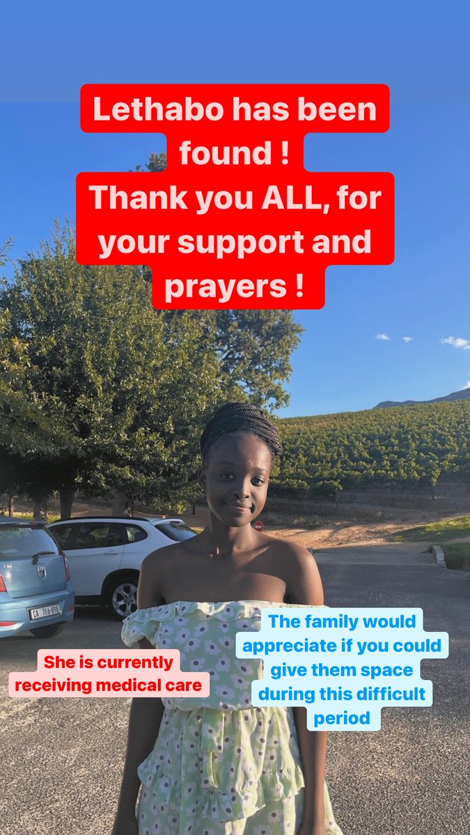 HiHlatse's tweet photo. LETHABO HAS BEEN FOUND! 
We’re beyond grateful for all the assistance and sharing and prayers! Thank you so much https://t.co/etopw1Uo3T