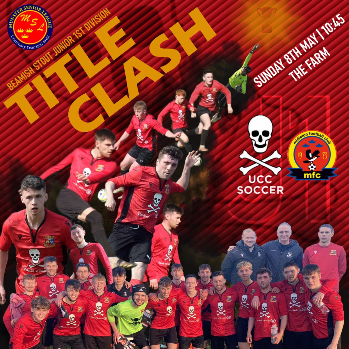 ☠️⚫️🔴Good Luck to Derek, Stephen, Ross, Brian and all the J1 players tomorrow seeking a win to secure the title. In what is the last league game of the season, it would be a great way to cap off a terrific year. Kick off in the Farm at 10:45am. All support Welcome!☠️

<a href="/UCCSport/">UCC Sport</a>