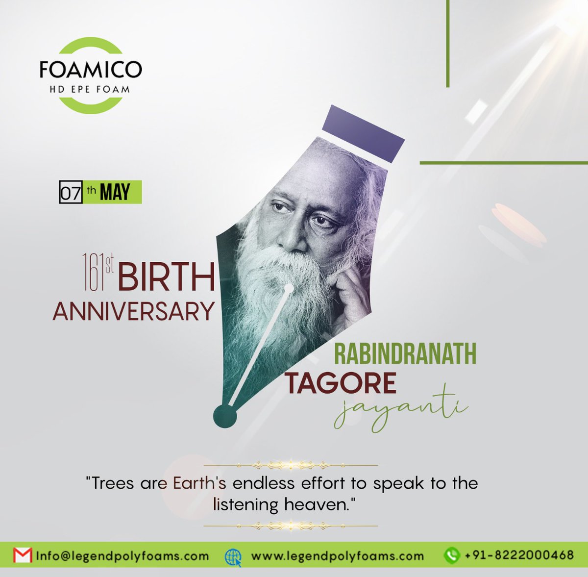 FOAMICO2's tweet photo. RABINDRANATH TAGORE Jayanti✨✨
"Trees are Earth's endless effort to speak to the listening heaven."
*
**
***
#foamicohd #rabindranathtagore #tagore #rabindranath  #bengali #poetry  #rabindrajayanti #rabindranathtagorejayanti #rabindranathtagore #tagore #rabindranath https://t.co/9SR93NNcbq