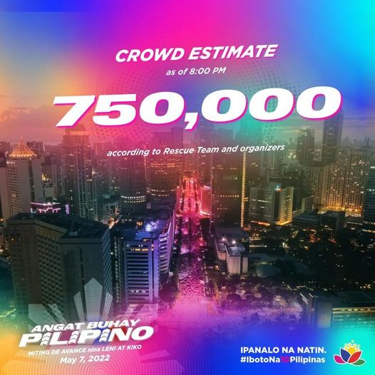 AvForLeniKiko's tweet photo. Maraming salamat sa pag tindig, Pilipinas! 🇵🇭
As of 8:00 PM, the Angat Buhay Pilipino: Miting De Avance nina Leni at Kiko has an estimated crowd of 750,000 in attendance! Ipapanalo na natin ito! 🌸
#SaGobyernongTapatAngatBuhayLahat
#IpanaloNa10ParaSaLahat
#10RobredoForPresident https://t.co/RsI2L9OK2b