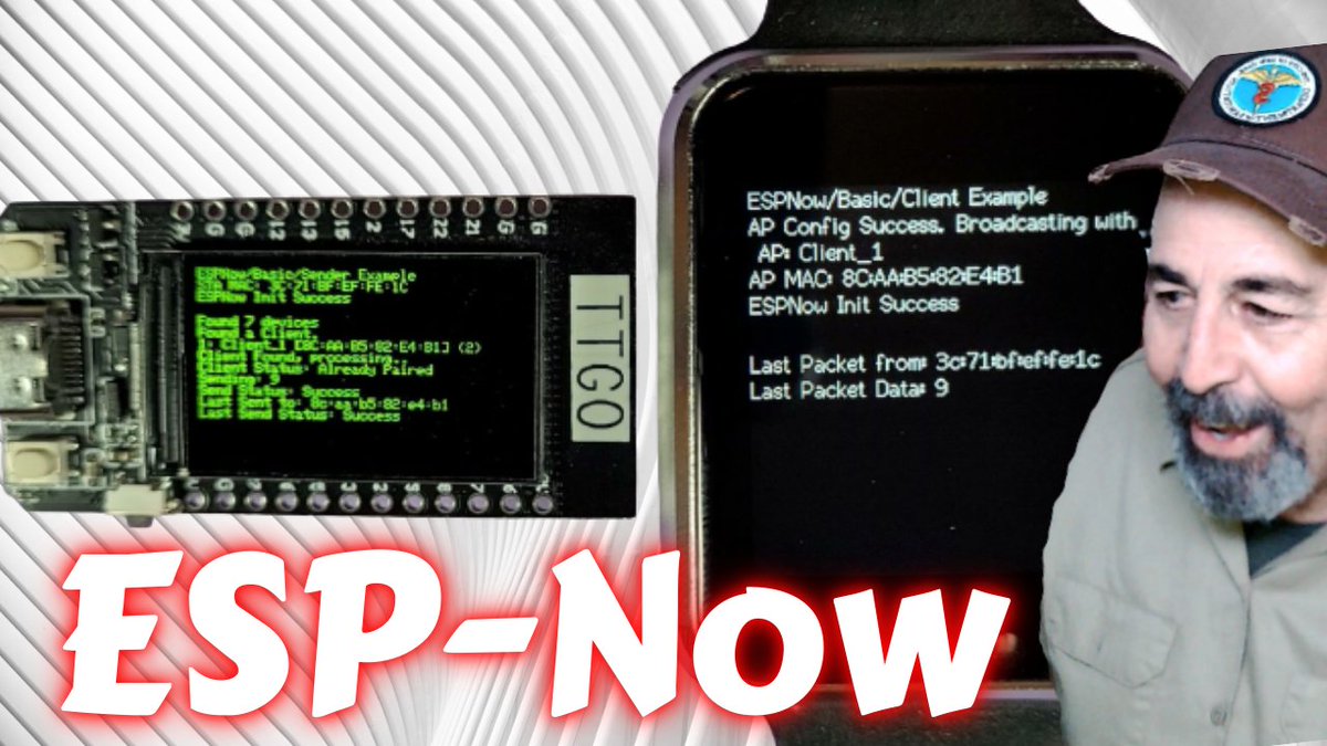 ShotokuTech's tweet photo. Let's mash up the example sketches from ESP-Now in Arduino IDE for TTGO T-Display and T-Watch 2020. ESP-Now devices don't need a WiFi router. The ESP-Now devices just find each other and pair up. https://t.co/m97YXU6hXU
#TTGO #TWatch #TDisplay @lilygo9 #ArduinoIDE https://t.co/8q1UmBpZXs