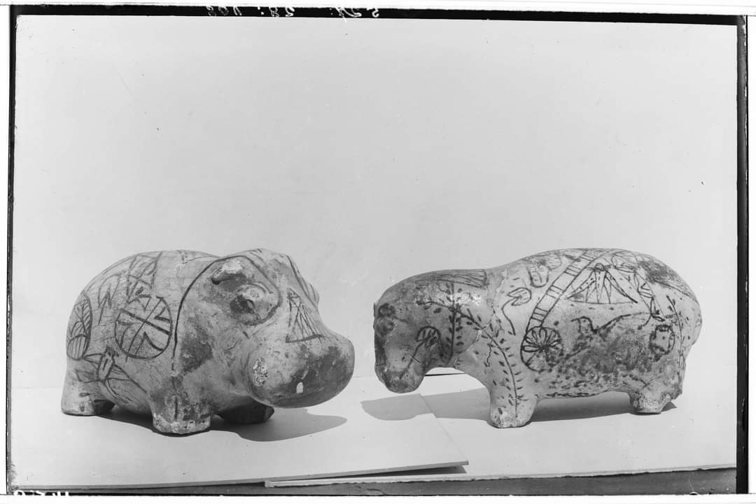 GarstangMuseum's tweet image. This #Saturday we are sharing one of Garstang’s glass plate negatives that has recently been digitised. The original #photo was taken during Garstang’s #excavations at #Abydos and shows two #ancientEgyptian #faience #hippos! 

 #museum