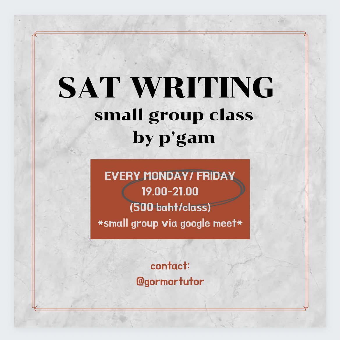gormortutor's tweet photo. คลาสตะลุยโจทย์กลุ่มย่อย SAT Writing🗯

• Mock Exam เสมือนจริงด้วยข้อสอบเก่า พร้อมเฉลยละเอียดทุกข้อ
• แต่ละวีคเนื้อหาไม่ต่อกัน สามารถเลือกเรียนเป็นวีค ๆ ได้ค่ะ
• คิดราคาเดียว 500 บาทต่อครั้ง (เรียนครั้งละ 2-2.5 ชม)
• สอนทุกวันจันทร์,ศุกร์ 19.00 🫶🏻

#ติวsat #สอบsat #สอนsat https://t.co/Ht344eQ1wo