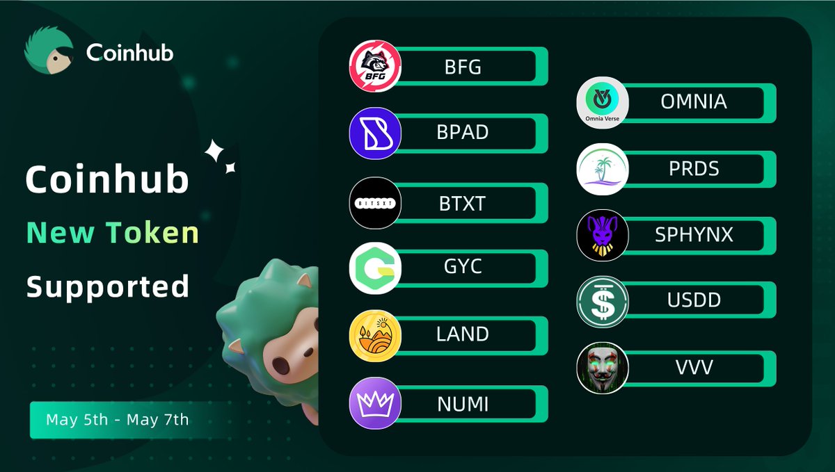 Coinhub_Wallet's tweet photo. May 5-May 7: A list that all new #tokens supported on #Coinhub this week. 🥳🥳  

📥Download Coinhub 
https://t.co/72EA7fos1P

@GameYooOfficial 
@Anon_Metaverse 
@Brisepadco 
#omnia 
@SphynxLabs 
@BitsXt 
@BriseParadise 
@NumitorToken 
@Landshareio 
#USDD
@betfury_gaming https://t.co/WQWYlGibxa