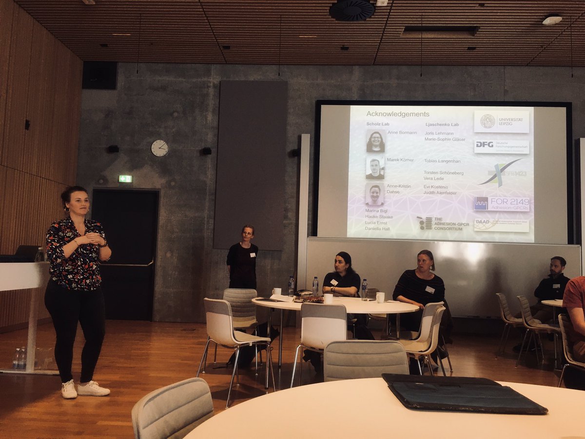 Thanks to Dr. Nicole Scholz for finishing the first afternoon session with a great talk about Cirl isoforms acting cooperatively 
in mechanosensing! Let’s get some coffee! #adhesionGPCR2022
