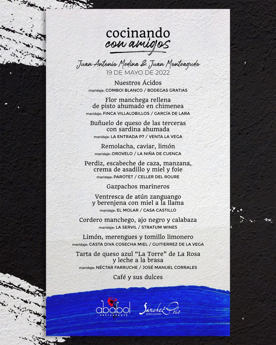 La cocina de José Antonio evoca a sus raíces rezumando esa hospitalidad y generosidad manchega. Junto a Juan, van a elaborar un menú muy especial que contará con una armonía a la altura. Echa un vistazo y corre, que las plazas son limitadas 🌹🔥🍽

#Ababol