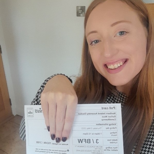 Mencap_NI's tweet photo. “I am so proud I voted in the Elections. My Mencap Employment Officer showed me what I had to do and what I needed to bring along, so I could go and vote to be included in society.” Megan is a Trainee on the @Mencap_NI Employment Service in Lisburn. #AE22 #SupportToVote https://t.co/kUVQoibBTR