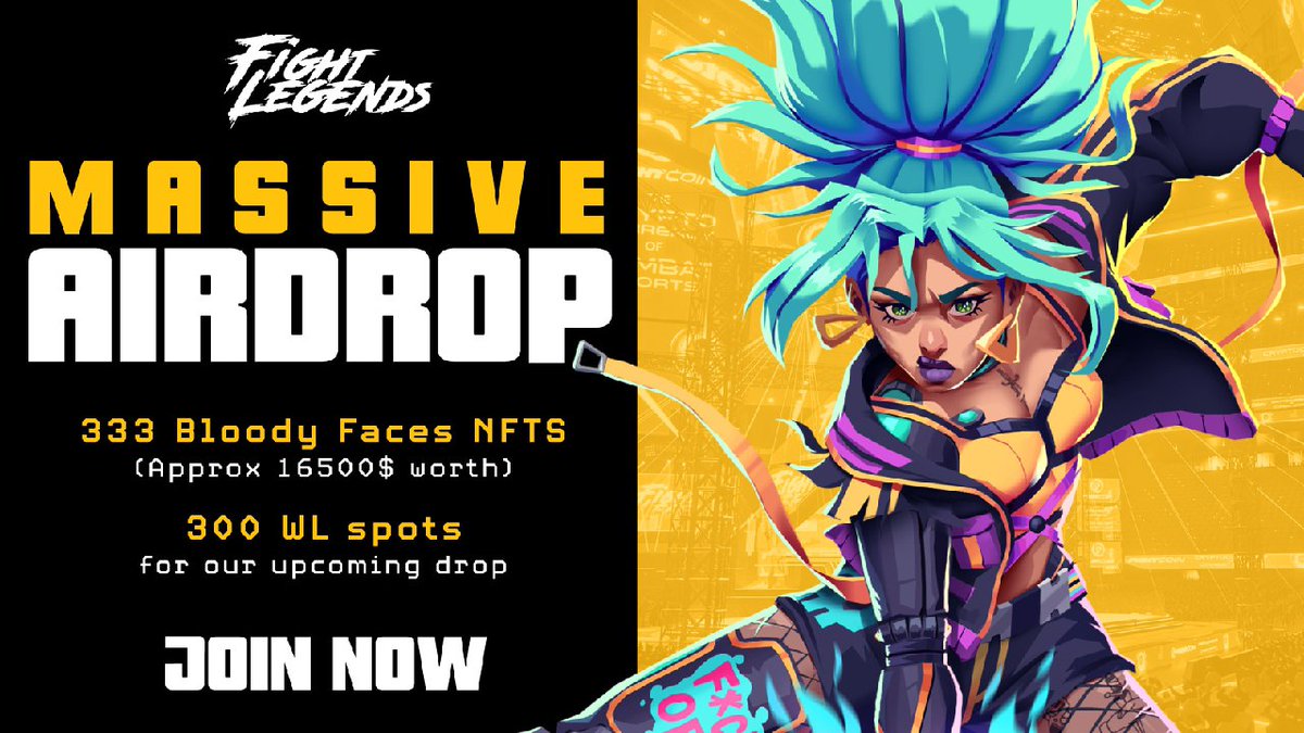 🚀 Airdrop: Fight Legends
💰 Value: 300 WL spots + 333 NFT
📒 Partnership: HoDooi, Crypto Champions, Crypto Fomo
📅 End Date: 7th July, 2022
🏦 Distribution Date: 14th July, 2022

Go to the Airdrop page
gleam.io/JyHFY/333-bloo…

#Airdrop #Crypto #Airdrops #cryptocurrency #giveaway