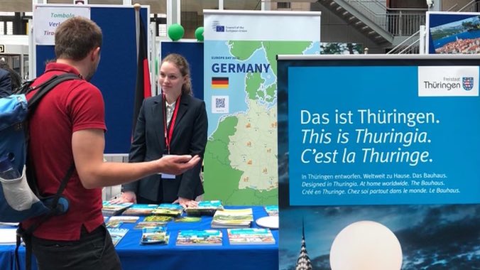 germanyintheeu's tweet photo. Are you in #Brussels? Then it’s not too late to drop by - come and visit our 🇩🇪 stall in the @EUCouncil Justus Lipsius Building until 6pm today and celebrate 🇪🇺💛💙#EuropeDay2022 with us, our EU Council colleagues & fellow Perm Rep teams. #EUOpenDays. https://t.co/DqlkM5PNRj