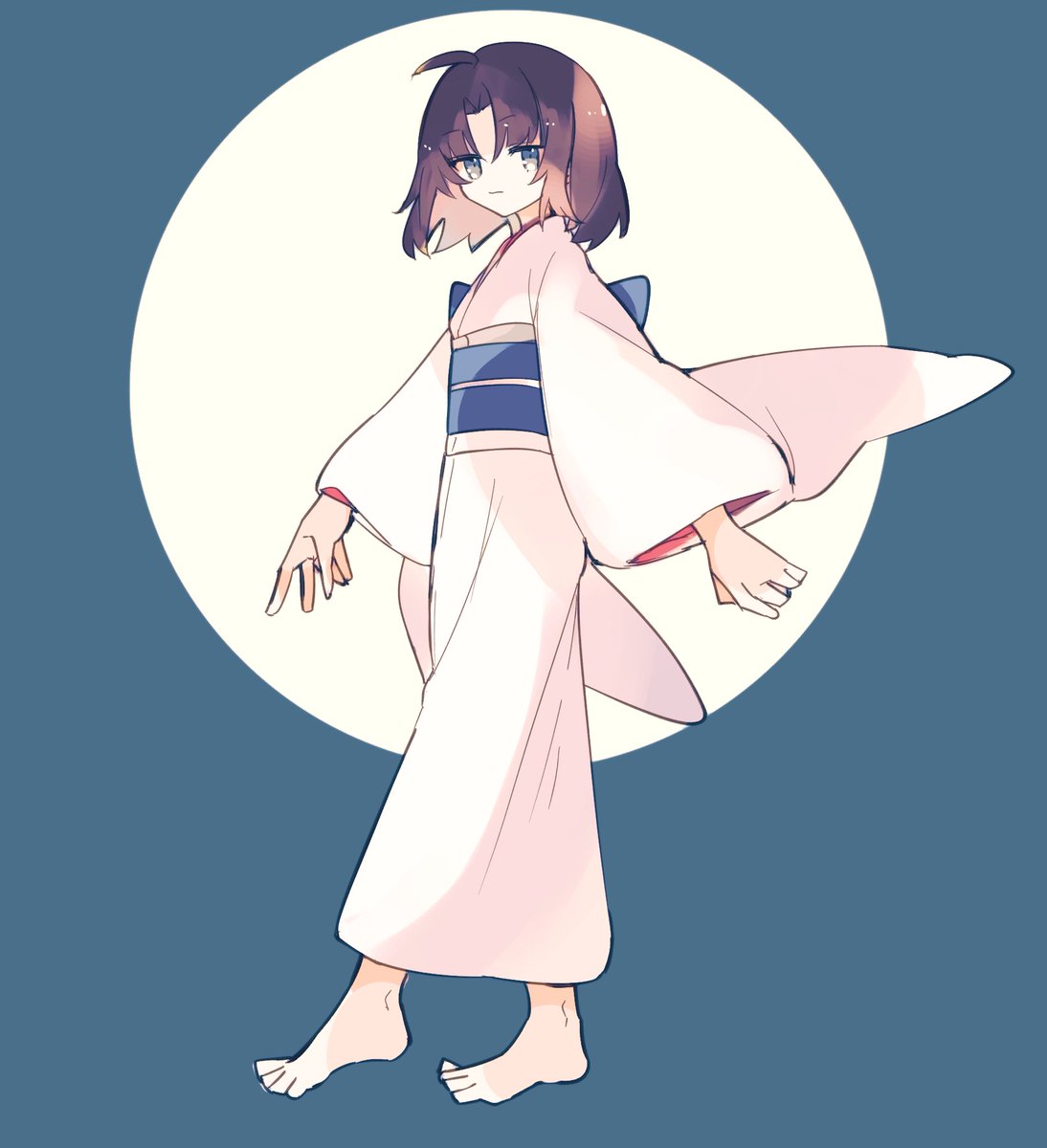 ryougi shiki 1girl solo japanese clothes kimono barefoot sash obi  illustration images