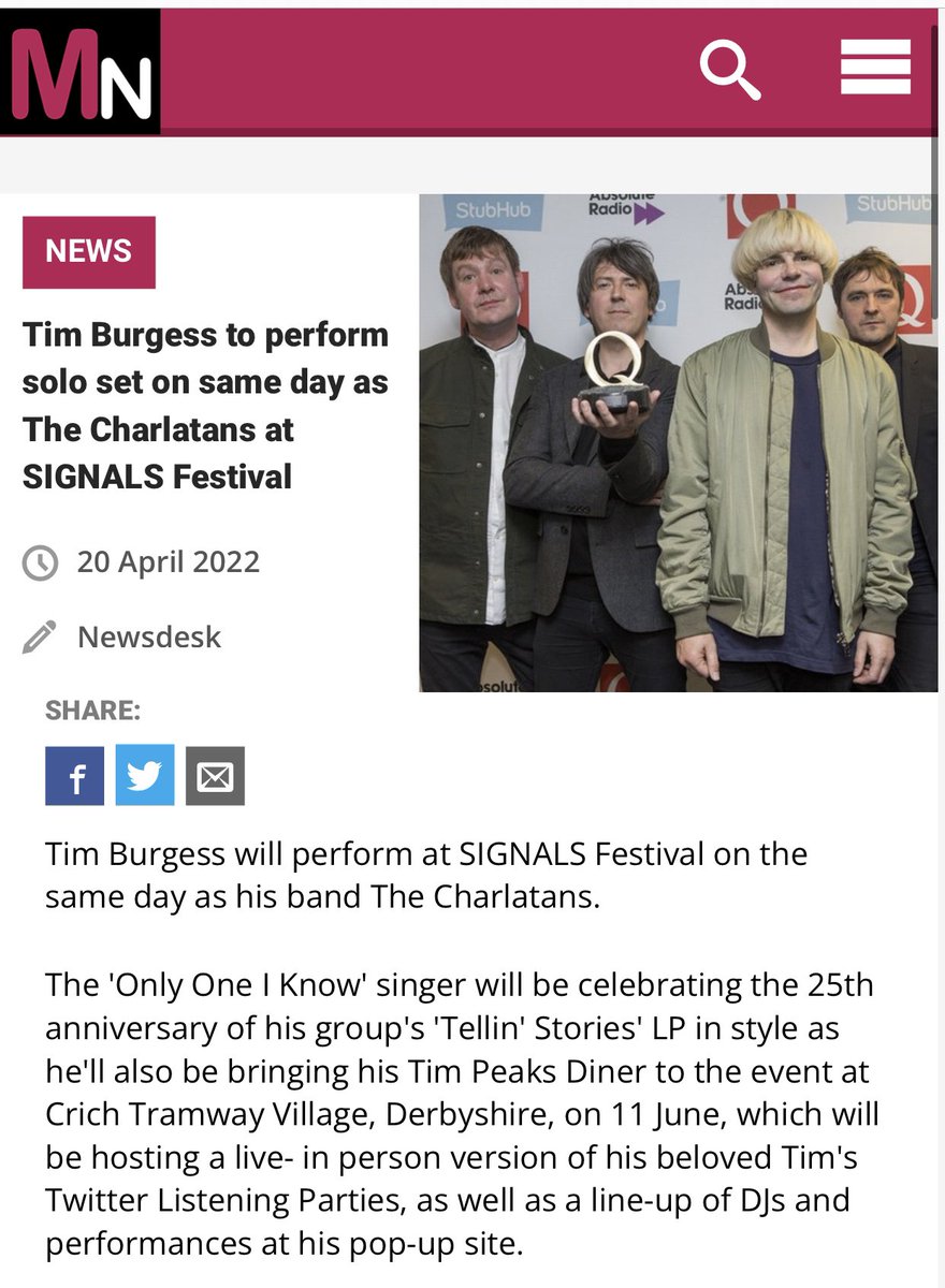 Tim Burgess to perform on the same day as the Charlatans at Signals plus there is Tim Peaks <a href="/CrichTramway/">CrichTramwayVillage</a> <a href="/Tim_Burgess/">Tim Burgess</a> <a href="/thecharlatans/">The Charlatans</a> music-news.com/news/UK/148060…