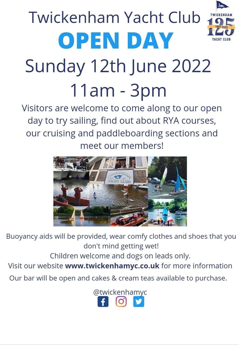 TwickenhamYC's tweet photo. Our open day is on Sunday 12th June 2022 - this is a free event for anyone in the @LBRUT to come along to between 11am and 3pm to try out our on the water activities! Find out more information here: https://t.co/PIQHuBPxJR #twickenham #trysailing https://t.co/QqXWVN9PPv