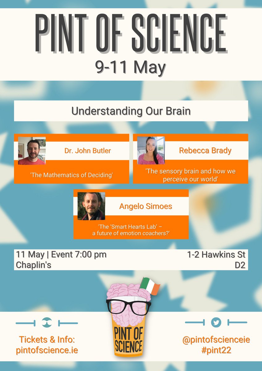 kjbmercurio's tweet photo. On the final day of #Pint22 Dublin events, there's "Understanding Our Brain" on the 11th May at 7pm inside @chaplinsbardub1. Led by @NicoleBeisiegel, talks will be on the topics of #Mathematics, #NeuronalModeling, and #Emotions 🙃
Link: https://t.co/BamEbztRBu https://t.co/7sUYOg7btb
