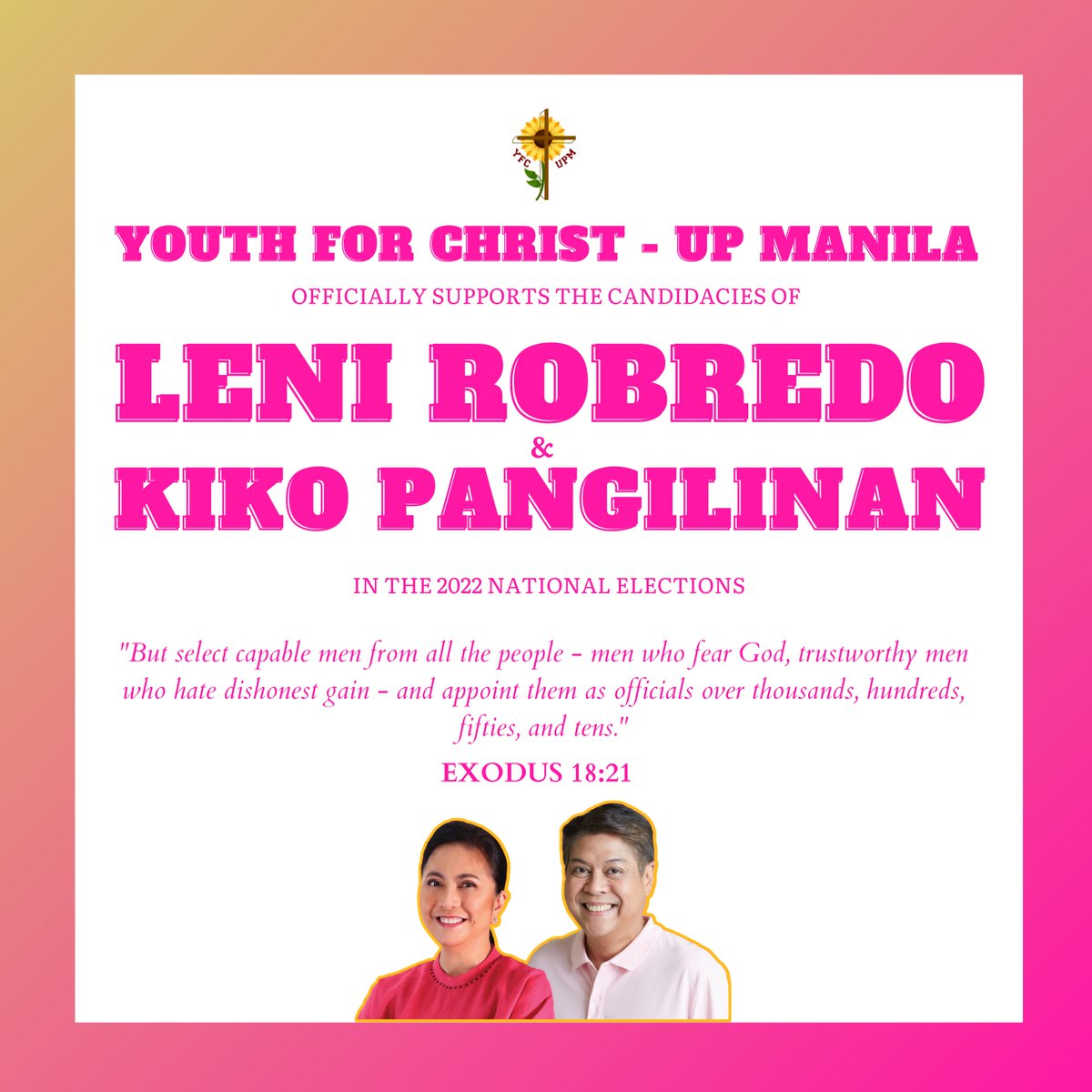 yfcupmanila's tweet photo. Youth For Christ - UP Manila officially supports the tandem of Leni Robredo and Kiko Pangilinan in the upcoming 2022 National Elections this May 9! https://t.co/ZcJU9MGVTH