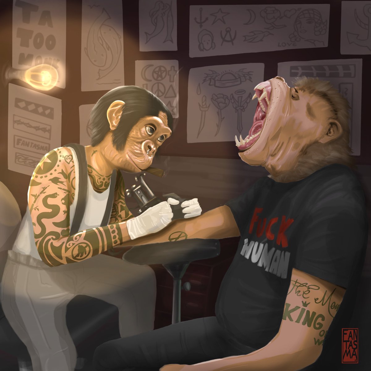 Fantasmacria's tweet photo. Macaco tatuador feito no Procreate 
Abri uma caixinha de perguntas no Instagram e pedi pra galera dar um tema e um animal e o mais votado foi o macaco tatuador 🖤🐵 então aí está!
#ilustracaodigital #monkey #tattoo #procreate https://t.co/bsFC8jnhue