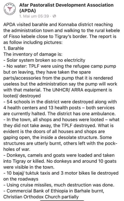 dankalia92's tweet photo. Report by the Afar pastoralist development Association (#APDA) on the destruction caused by #tplf terrorists group in #Barahle and #konnaba towns and its kebels have totally damaged and looted by #tplf_criminal group.

#Afarunderattack https://t.co/22YYqQg9tH