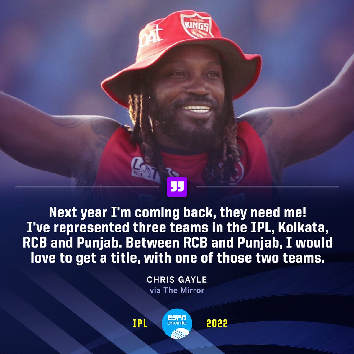 ESPNcricinfo's tweet photo. ‘Next year I’m coming back, they need me!’

Chris Gayle insists his IPL career isn’t over yet! https://t.co/DZUqqHgR97