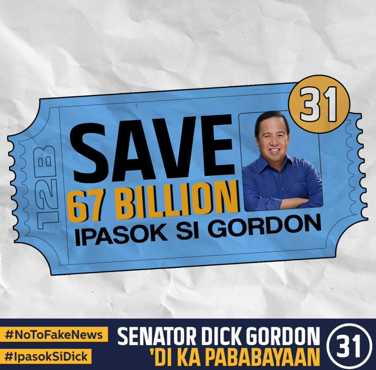 DickGordonDG's tweet photo. Mahalin ang bayan!
Save 67 Billion
Siguraduhin
#IpasokSiDick sa Senado!
Tandaan, sa LUNES, ishade ng tama ang balota! #31 para kay Senator Dick Gordon.
#31WowDickGordon2022
#IpanaloNa10ParaSaLahat
#Halalan2022 https://t.co/0DTZGfnS9Z