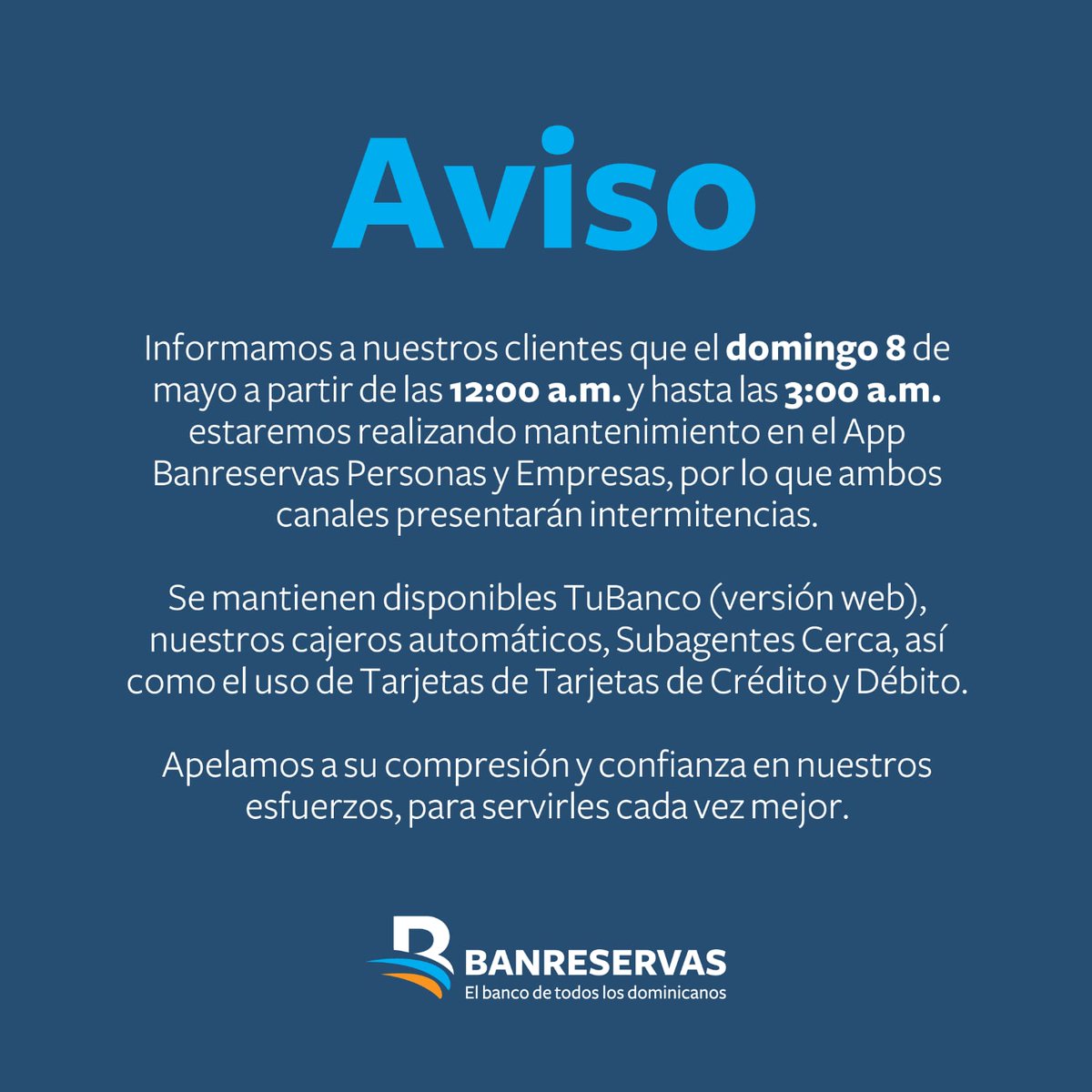 BanreservasRD's tweet photo. Aviso. https://t.co/O4wkKKdwTF