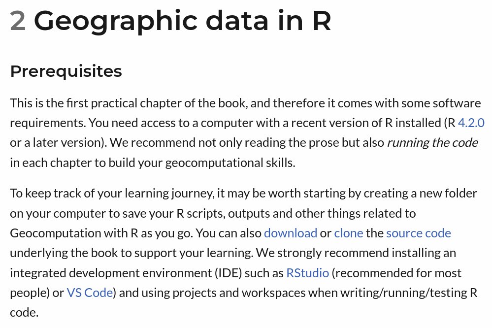 Geocomputation with R update 🏗️🏗️
Updated instructions for getting started with R for geographic research. We now start from the very beginning: installing #RStats and core #rspatial packages. Could be an ideal place to start in this space: geocompr.robinlovelace.net/spatial-class.…