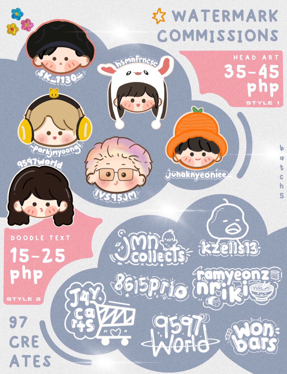 97creates's tweet photo. ꒰ #97creates ꒱ watermark commissions BATCH 5
⤿ NOW OPEN .ᐟ
𓏔 15 slots
𓏔 open to all fandoms
𓏔 read the t&c on the thread!
𓏔 check #97creates for feedbacks!
✸ dm now to avail !
𖥻 wts lfb digital watermark commissions kpop bns https://t.co/uMxboVKm20