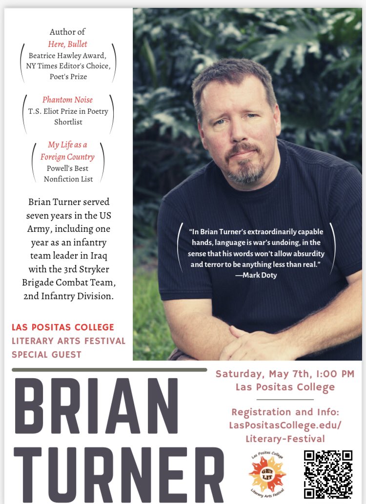 LpcVeterans's tweet photo. Happening today! 1 pm PDT at Las Positas College in Livermore CA. Open to the public.  Meet Army Veteran, Author, Poet - BRIAN TURNER. https://t.co/BnWN6TWJfv
