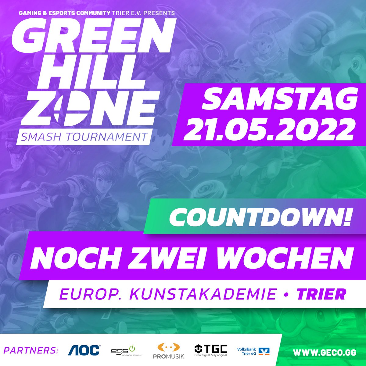 In genau 2 Wochen findet endlich die langersehnte erste Green Hill Zone in der Europäischen Kunstakademie Trier statt! 
In den kommenden Tagen werden wir euch mit allen wichtigen Informationen und Ankündigungen rund um das Event versorgen.
#GECOGreenHillZone