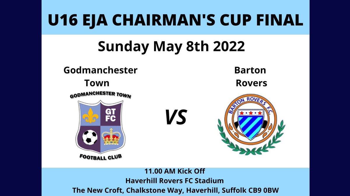 Come support the lads as they play <a href="/BartonU16/">Barton Rovers U16 EJA 2021/22</a> in the <a href="/EJALeague/">EasternJnrAlliance</a> U16 Chairman’s Cup Final tomorrow 🏆.  11.00 k/o at Haverhill Rovers <a href="/HuntsFA/">Huntingdonshire FA</a> <a href="/squeezefootball/">Squeeze</a> <a href="/CamVC_PE/">Cambourne PE</a> <a href="/PeSwavesey/">Swavesey VC PE & Sport</a> <a href="/StIvoAcademy/">St Ivo Academy</a> <a href="/CottenhamVC/">Cottenham VC</a> <a href="/HBKPE_Sports/">HBK PE&Sports</a>