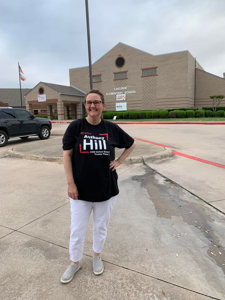 Hill4CISD's tweet photo. Thank you to Christy Runyon for your support at Lakeside elementary this morning! Polls open at many locations till 7pm. 
#workingforeveryone https://t.co/Yj3YiAfqEF