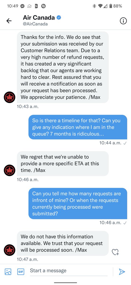 davestlaurent's tweet photo. @AirCanada For transparency... It seems @AirCanada really can't tell you anything about your requests or expected processing time... Unbelievable. https://t.co/7ylfx9N3cd