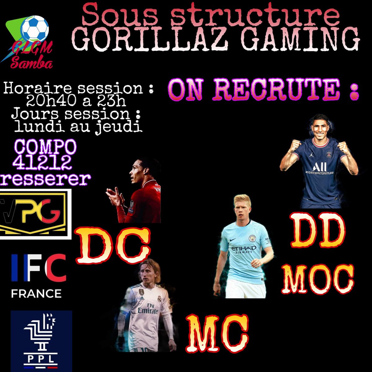 Bonjour a tous le club GlgM Samba ouvre son recrutement pour certains postes !!! 

Tests dès la semaine prochaine !!! 

Me contacter en mp si intéressé