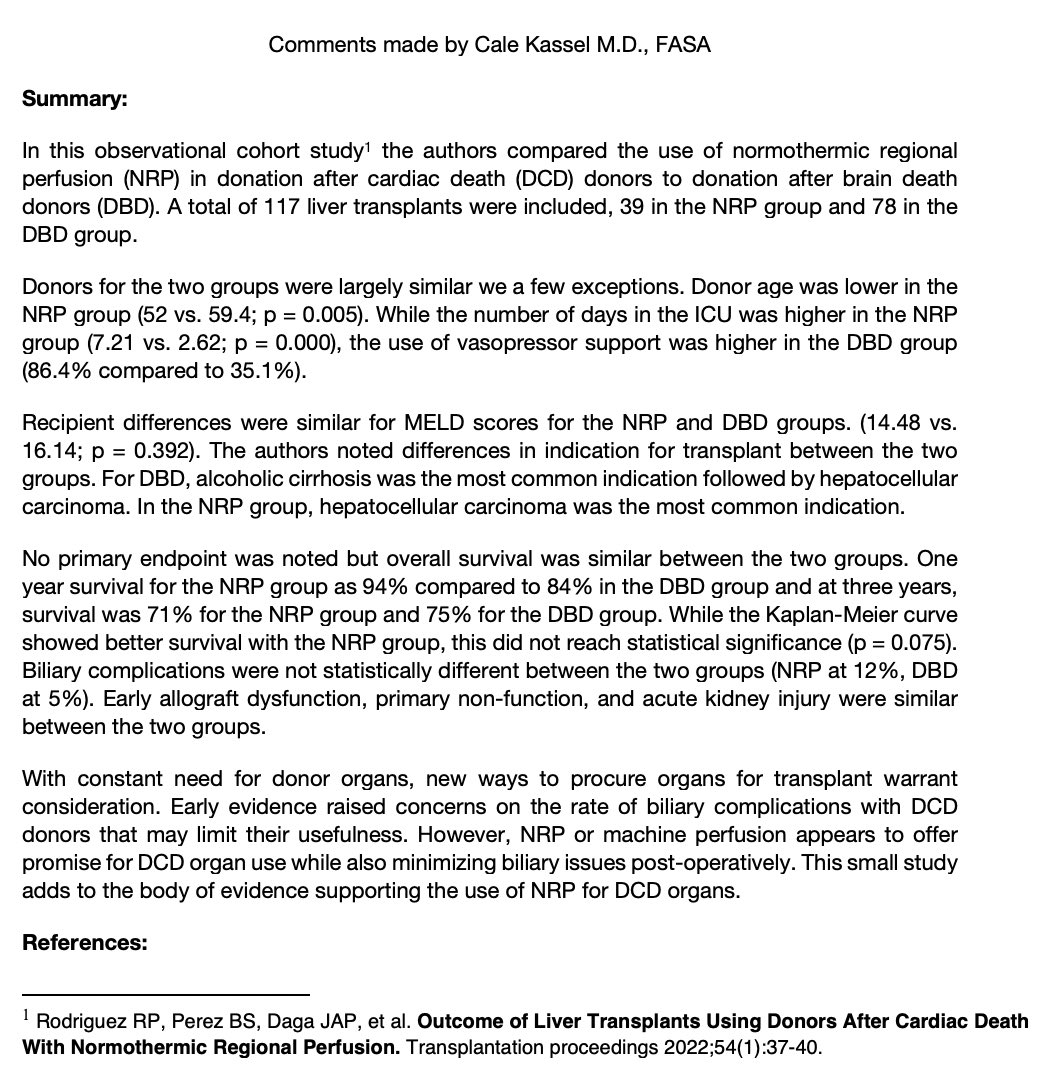SATA May Article of the Month Outcome of Liver #Transplant Using Donors After Cardiac Death with Normothermic Regional Perfusion #DCD