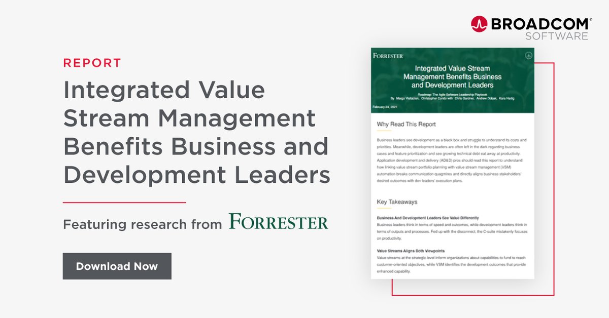 Eliminate barriers between business &amp; development leaders by linking strategic portfolio planning with #ValueStreamManagement (#VSM) automation. This <a href="/forrester/">Forrester</a> report details how to break communication quagmires and execute on desired outcomes: bit.ly/3BU2OVv #ValueOps