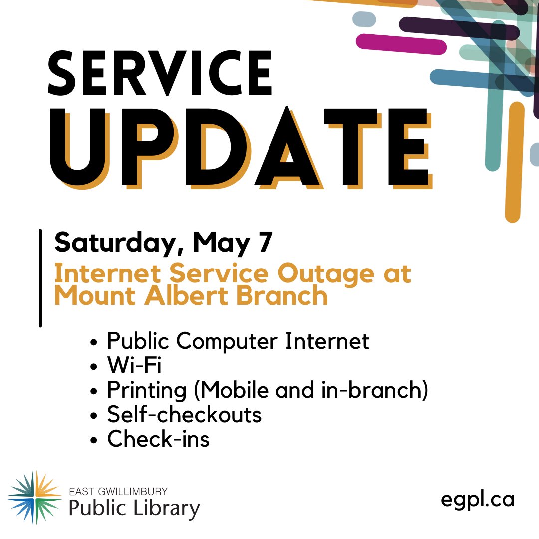 Internet services are currently unavailable at Mount Albert Branch. Browsing and checkouts are still available. Public computers are available for Microsoft Office use, but not for internet access. We will post updates here.